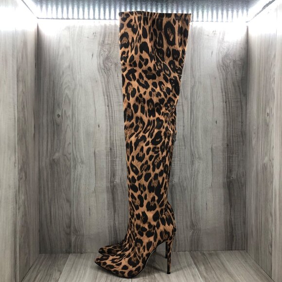 Shoe Dazzle OTK Boots Womens 9.5 Neysa Leopard Print Stiletto Over the Knee - Picture 1 of 11